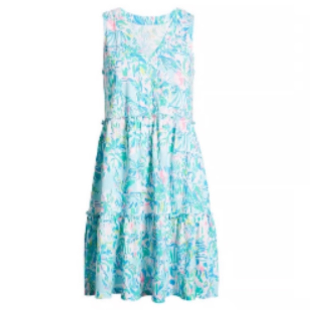 Lilly Pulitzer Lorina Sleeveless Ruffle Dress in “Blue Ibiza”, size: L